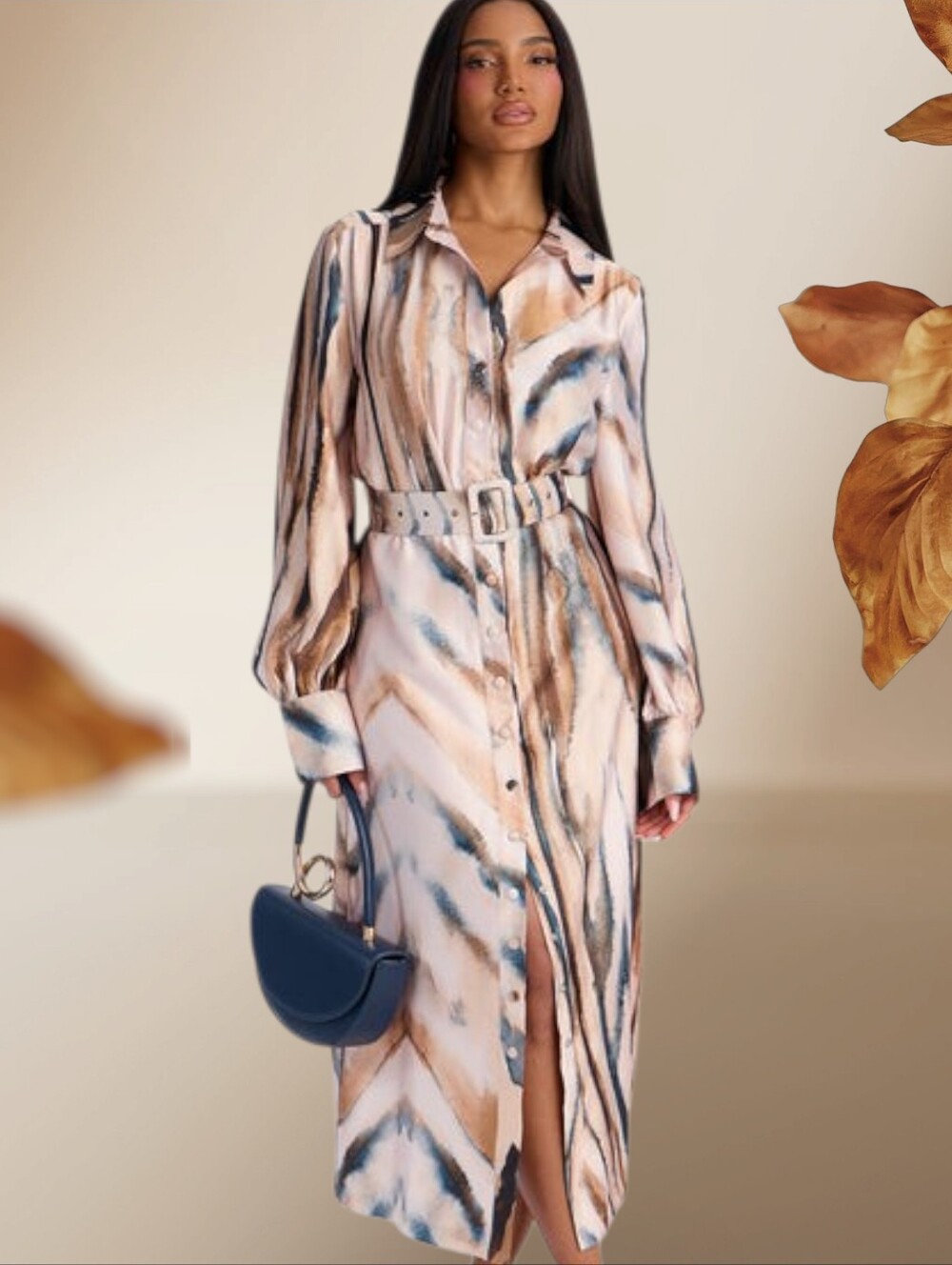 Fashion Nova Marble-Print Midi Shirt Dress in Beige and Blue